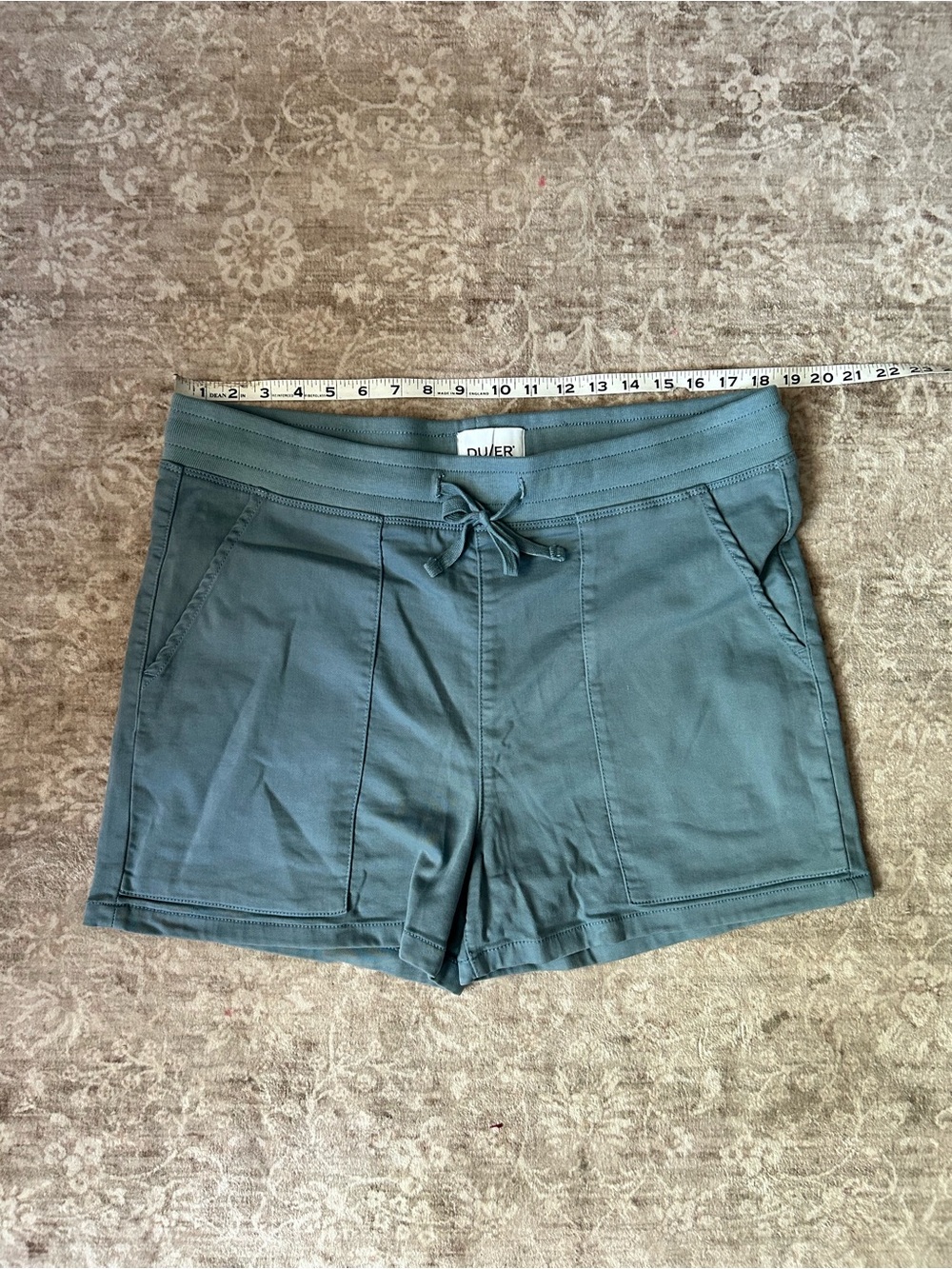 DUER Women's Drawstring Performance Shorts — Slate Green XL NWOT